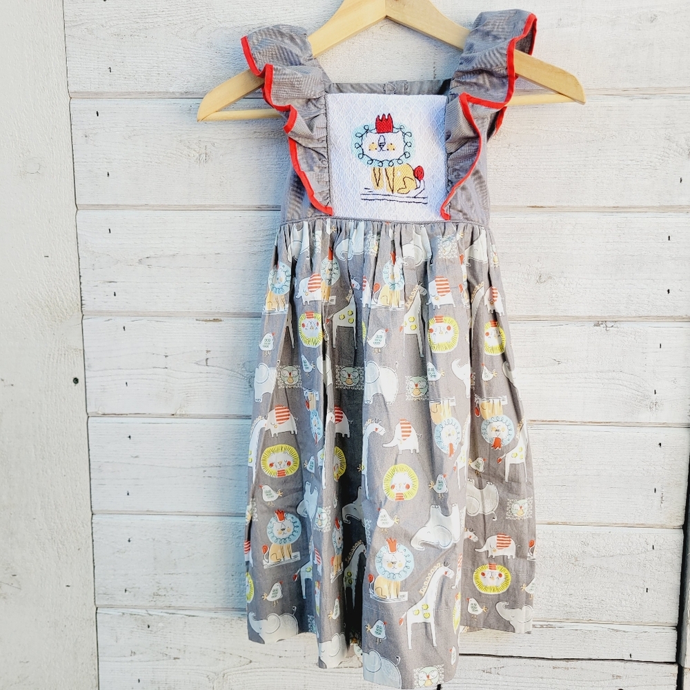 Smocked Sweets Girl's Darling Circus Animals Gray Sleeveless Dress